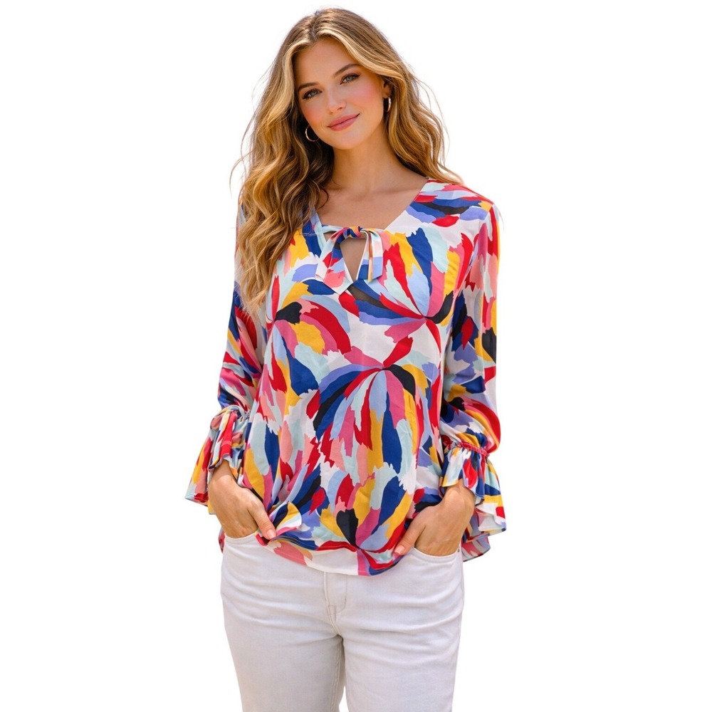 Crosby Womens Blouse Abstract Print Medium Multicolor Excellent Bell Sleeve